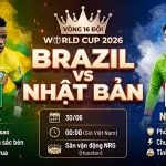 Hình ảnh nhận định trận đấu Brazil vs Nhật Bản tại vòng 16 đội World Cup 2026, nổi bật với ngôi sao Vinicius Junior.